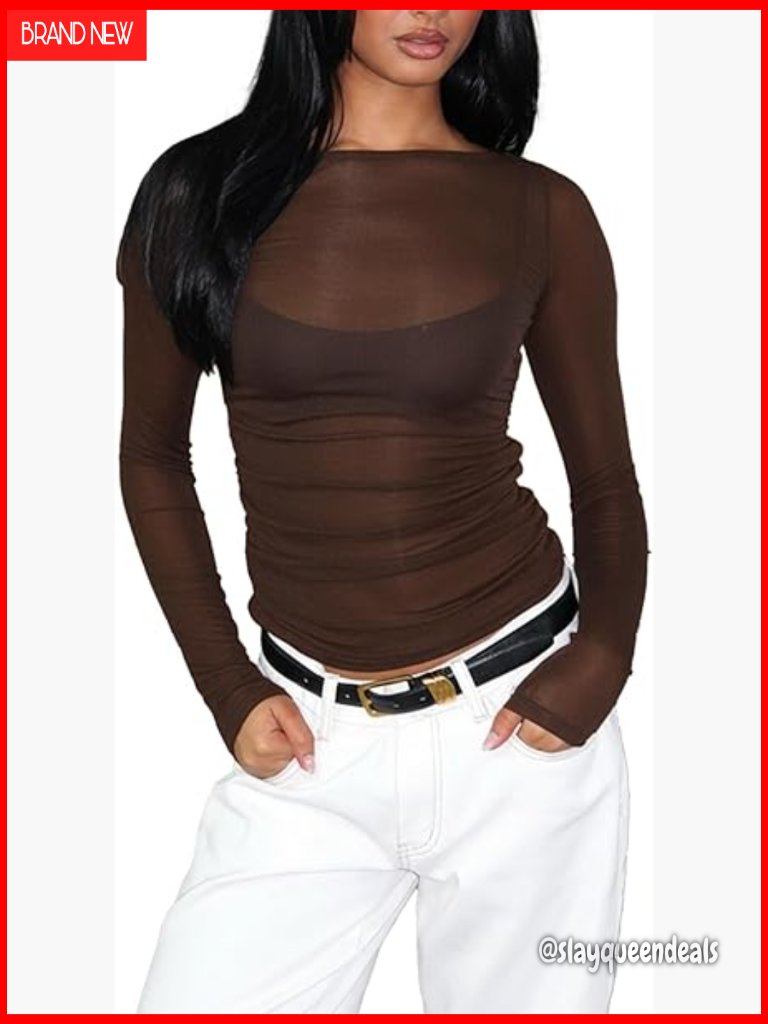 Mesh Long Sleeve Boat Neck Top Sheer Ruched Slim Fit Party Club